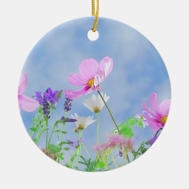 Pretty Pink Wild Flower Meadow Ceramic Ornament (Front)