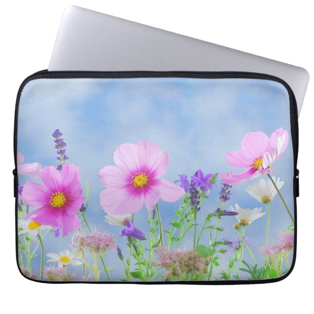 Pretty Pink Wild Flower Meadow Laptop Sleeve (Front)
