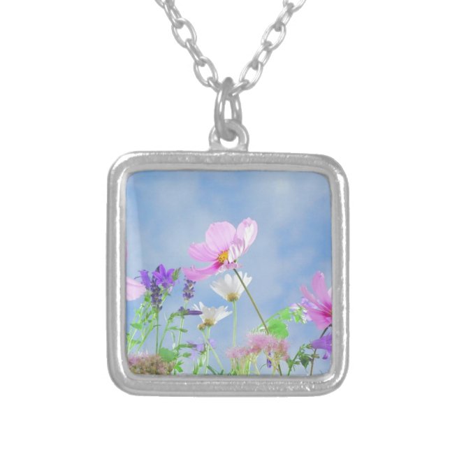 Pretty Pink Wild Flower Meadow Silver Plated Necklace (Front)