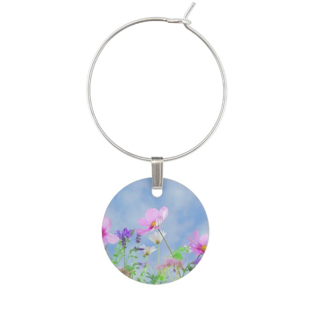 Pretty Pink Wild Flower Meadow Wine Charm (Front)