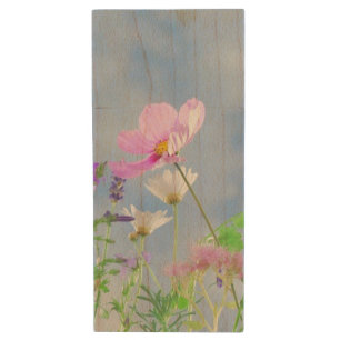 Pretty Pink Wild Flower Meadow Wood Flash Drive