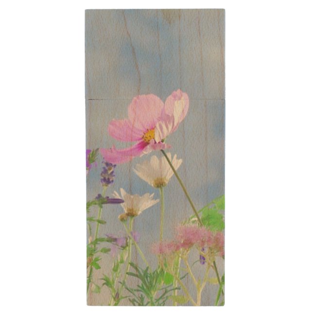 Pretty Pink Wild Flower Meadow Wood Flash Drive (Front Vertical)
