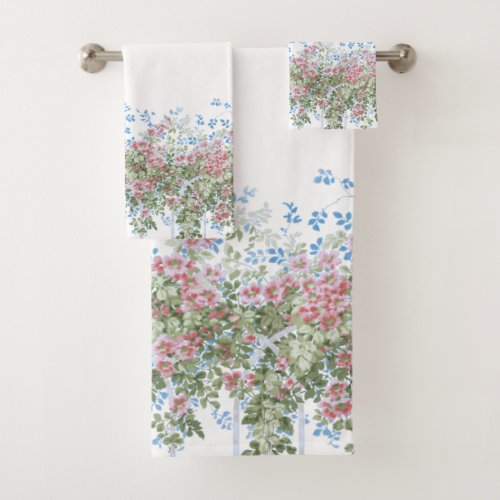 Pretty Pink Wild Roses and Foliage on Trellis Bath Towel Set