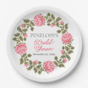 PRETTY PINK WILD ROSES BRIDAL SHOWER NAME DATE PAPER PLATES