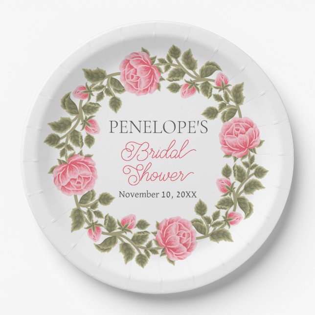 PRETTY PINK WILD ROSES BRIDAL SHOWER NAME DATE PAPER PLATES (Front)