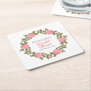 PRETTY PINK WILD ROSES BRIDAL SHOWER NAME DATE SQUARE PAPER COASTER