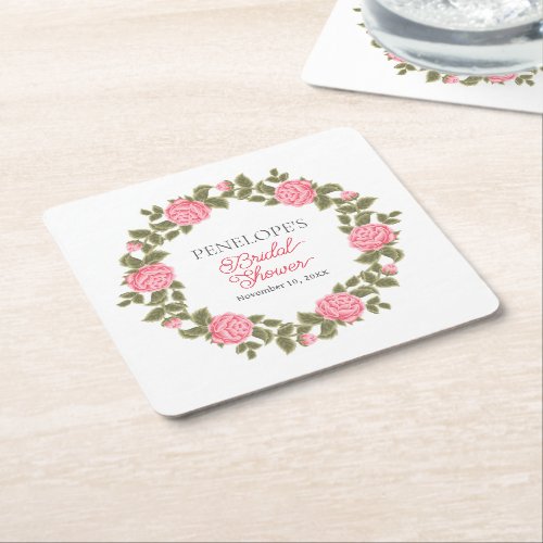 PRETTY PINK WILD ROSES BRIDAL SHOWER NAME DATE SQUARE PAPER COASTER