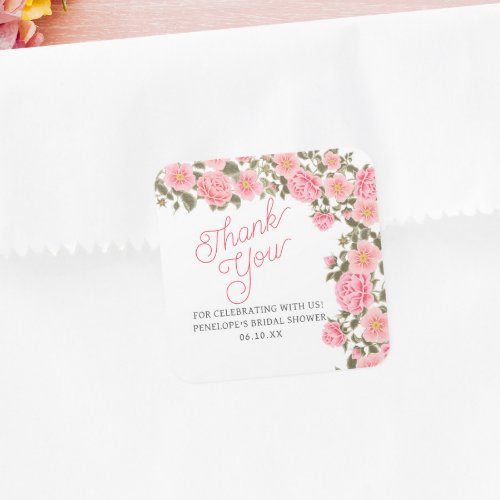 PRETTY PINK WILD ROSES BRIDAL SHOWER THANK YOU SQUARE STICKER