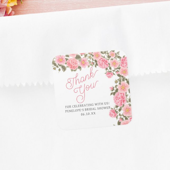 PRETTY PINK WILD ROSES BRIDAL SHOWER THANK YOU SQUARE STICKER (Creator Uploaded)