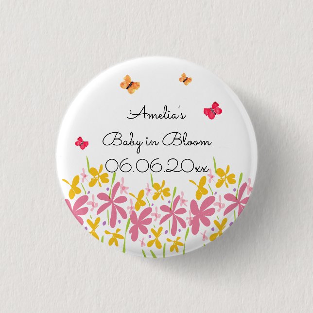 Pretty Pink Wildflower Baby in Bloom Personalized Button (Front)