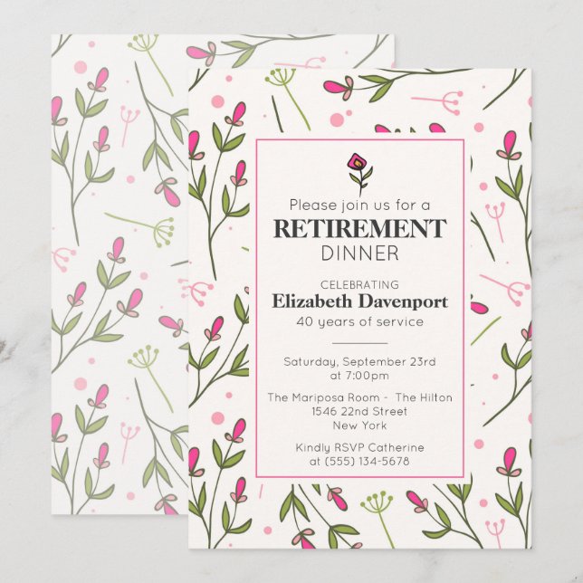 Pretty Pink Wildflowers Retirement Dinner Invitation (Front/Back)