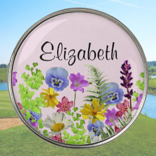 Pretty pink wildflowers with custom name womens golf ball marker