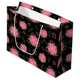 Pretty Pink Winter Poinsettia on Black Pattern Large Gift Bag