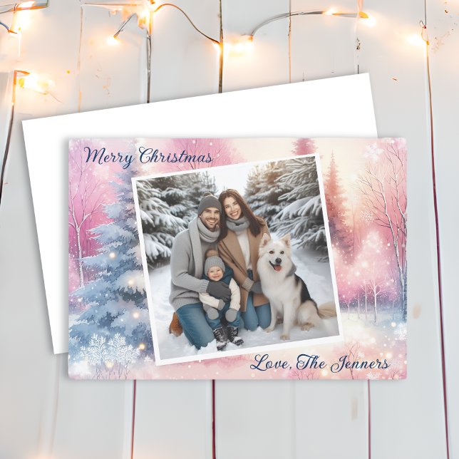 Pretty Pink Winter Wonderland Photo Christmas  Holiday Card (Creator Uploaded)
