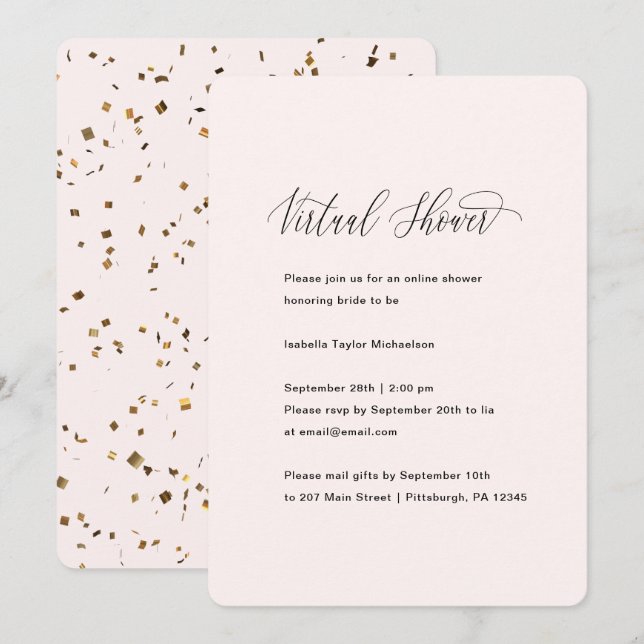 Pretty Pink with Faux Gold Virtual Bridal Shower Invitation (Front/Back)