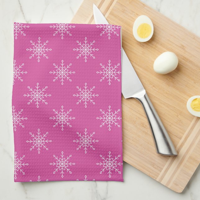 PRETTY PINK WITH ROWS OF WHITE SNOWFLAKES KITCHEN TOWEL (Quarter Fold)