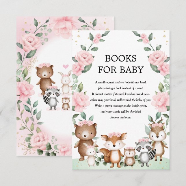 Pretty Pink Woodland Animal Books for Baby Girl Enclosure Card (Front/Back)