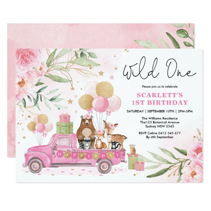 Pretty Pink Woodland Wild One Girl 1st Birthday Invitation