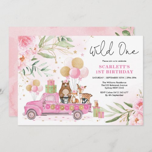 Pretty Pink Woodland Wild One Girl 1st Birthday Invitation
