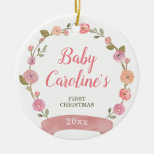 Pretty Pink Wreath Personalized Girl Christmas Ceramic Ornament