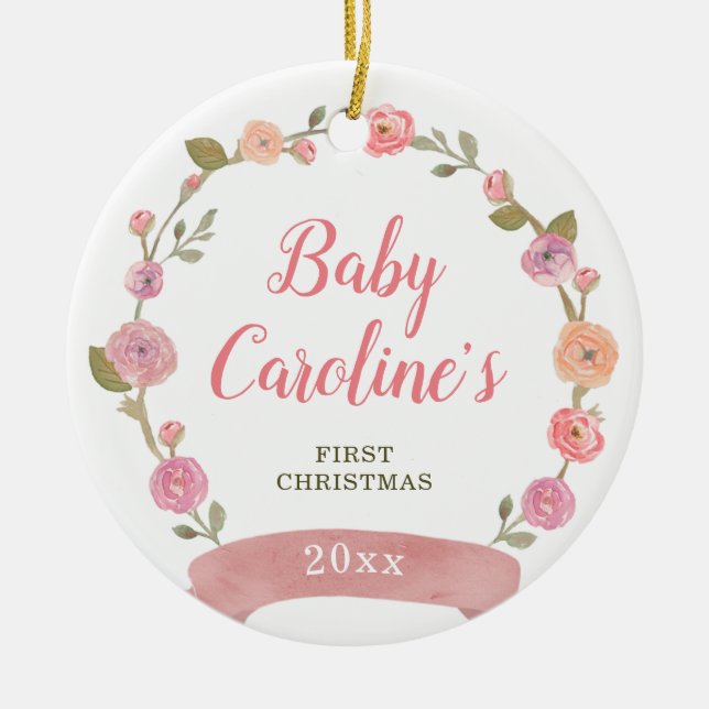 Pretty Pink Wreath Personalized Girl Christmas Ceramic Ornament (Front)