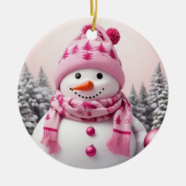Pretty Pink Xmas Snowman Ceramic Ornament (Front)