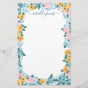 Pretty Pink Yellow Blue Flower Frame Stationery