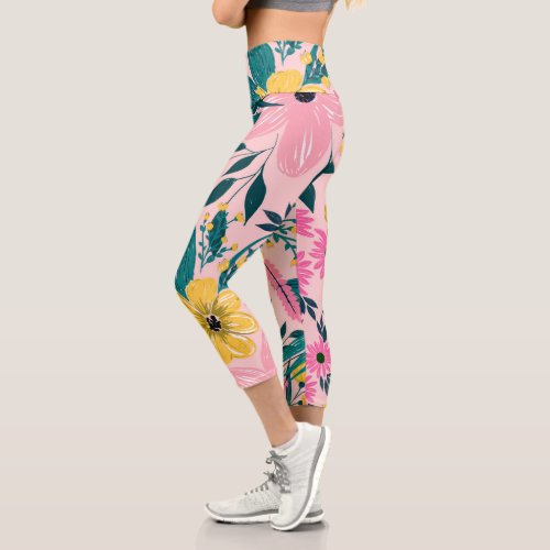 Pretty Pink Yellow Flowers Floral Capri Leggings