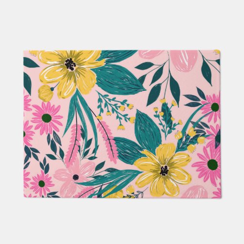 Pretty Pink Yellow Flowers Floral Doormat