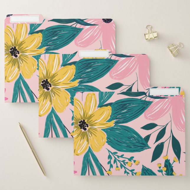 Pretty Pink Yellow Flowers Floral File Folder (Set)