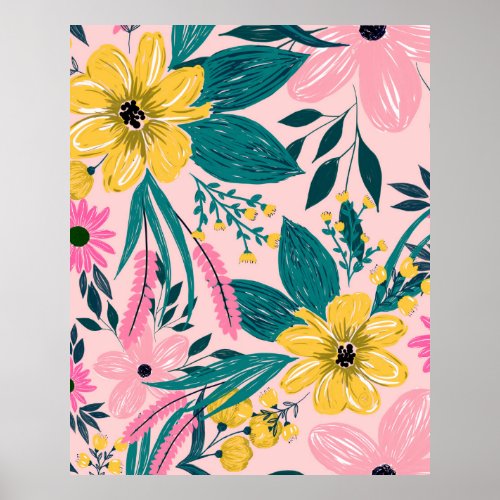 Pretty Pink Yellow Flowers Floral Poster