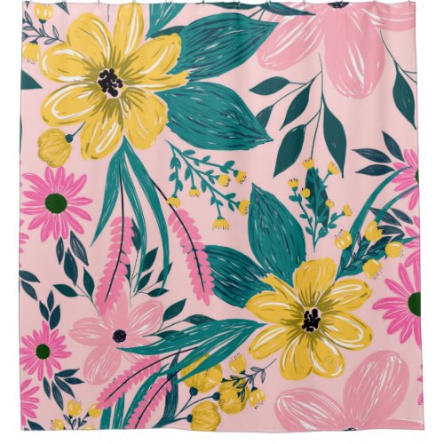 Pretty Pink Yellow Flowers Floral Shower Curtain