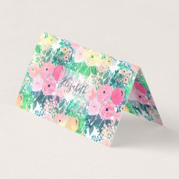 Pretty Pink Yellow & Green Watercolor Floral Paint Business Card by Trendy_arT at Zazzle
