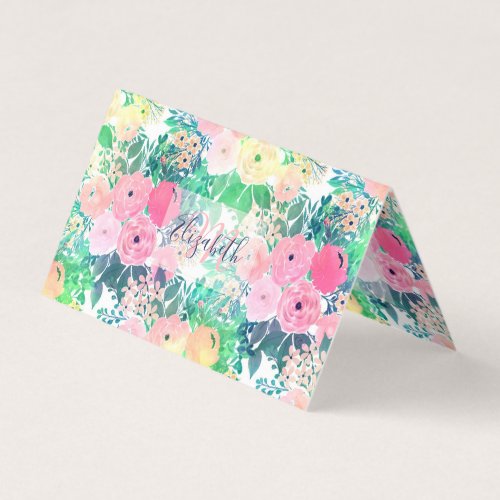 Pretty Pink Yellow  Green Watercolor floral paint Business Card