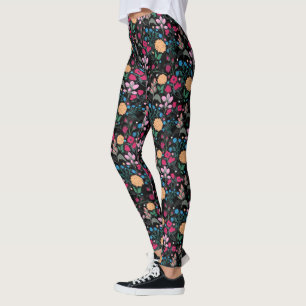 Pretty Pink & Yellow Small Floral Black Design Leggings
