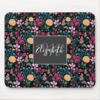 Pretty Pink & Yellow Small Floral Black Design Mouse Pad