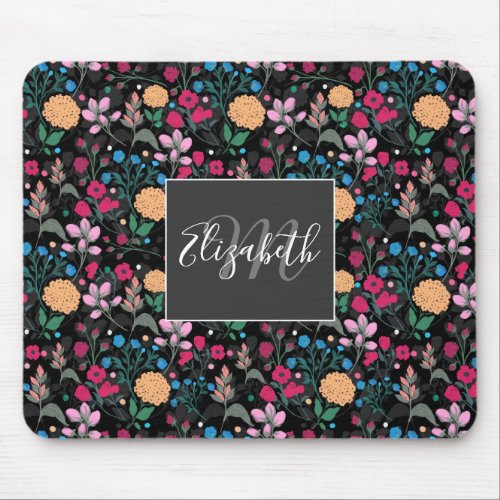Pretty Pink  Yellow Small Floral Black Design Mouse Pad