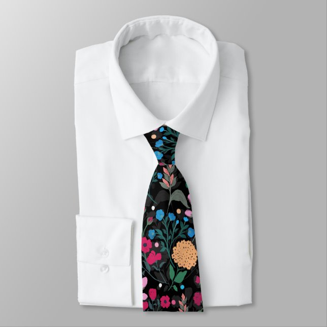 Pretty Pink & Yellow Small Floral Black Design Neck Tie (Tied)