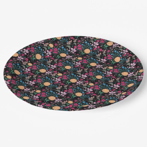 Pretty Pink  Yellow Small Floral Black Design Paper Plates