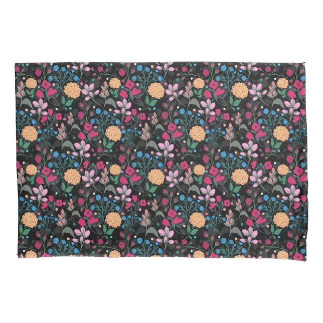 Pretty Pink & Yellow Small Floral Black Design Pillow Case (Front)