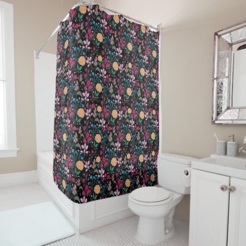 Pretty Pink  Yellow Small Floral Black Design Shower Curtain