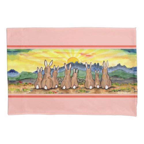 Pretty Pink  Yellow Sunrise with Rabbits Flowers Pillow Case