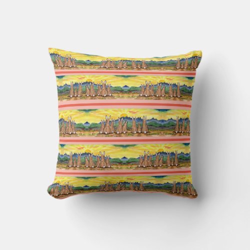 Pretty Pink  Yellow Sunrise with Rabbits Flowers Throw Pillow