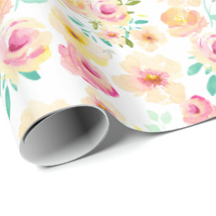 Pretty Pink Yellow Watercolor Flowers Wrapping Paper
