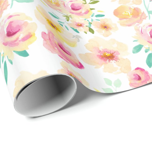 Pretty Pink Yellow Watercolor Flowers Wrapping Paper (Roll Corner)