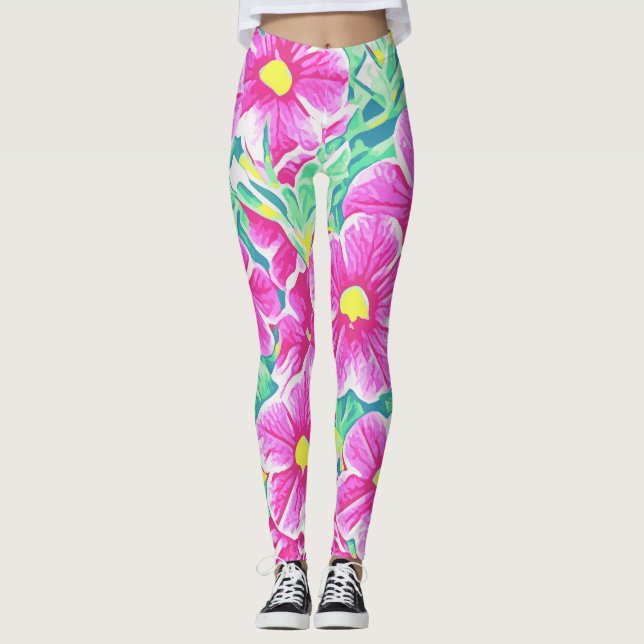 Pretty Pink Yellow White & Green Floral Leggings (Front)