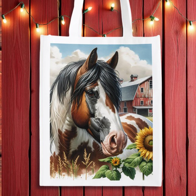 Pretty Pinto Brown and White Horse on Rustic Farm Grocery Bag (Creator Uploaded)