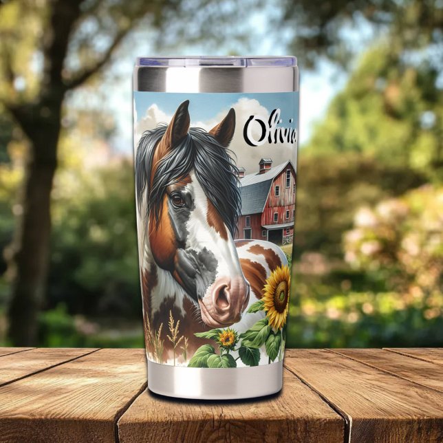 Pretty Pinto Brown and White Horse on Rustic Farm Insulated Tumbler (Creator Uploaded)