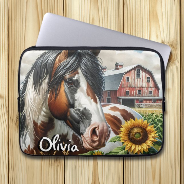 Pretty Pinto Brown and White Horse on Rustic Farm Laptop Sleeve (Creator Uploaded)