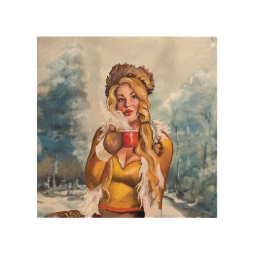 Pretty Pinup Girl Drinking Hot Tea Or Coffee Wood Wall Art